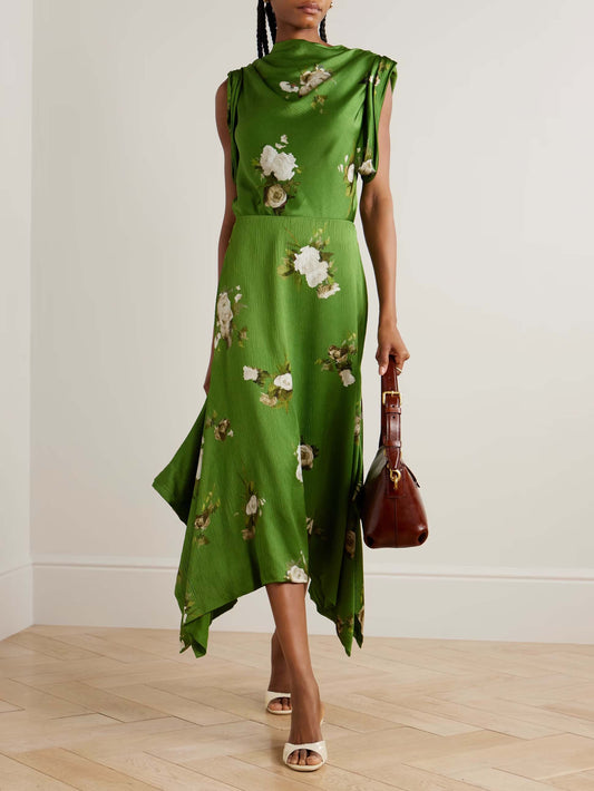 Exquisite Rose Floral Print Satin Irregular Skirt