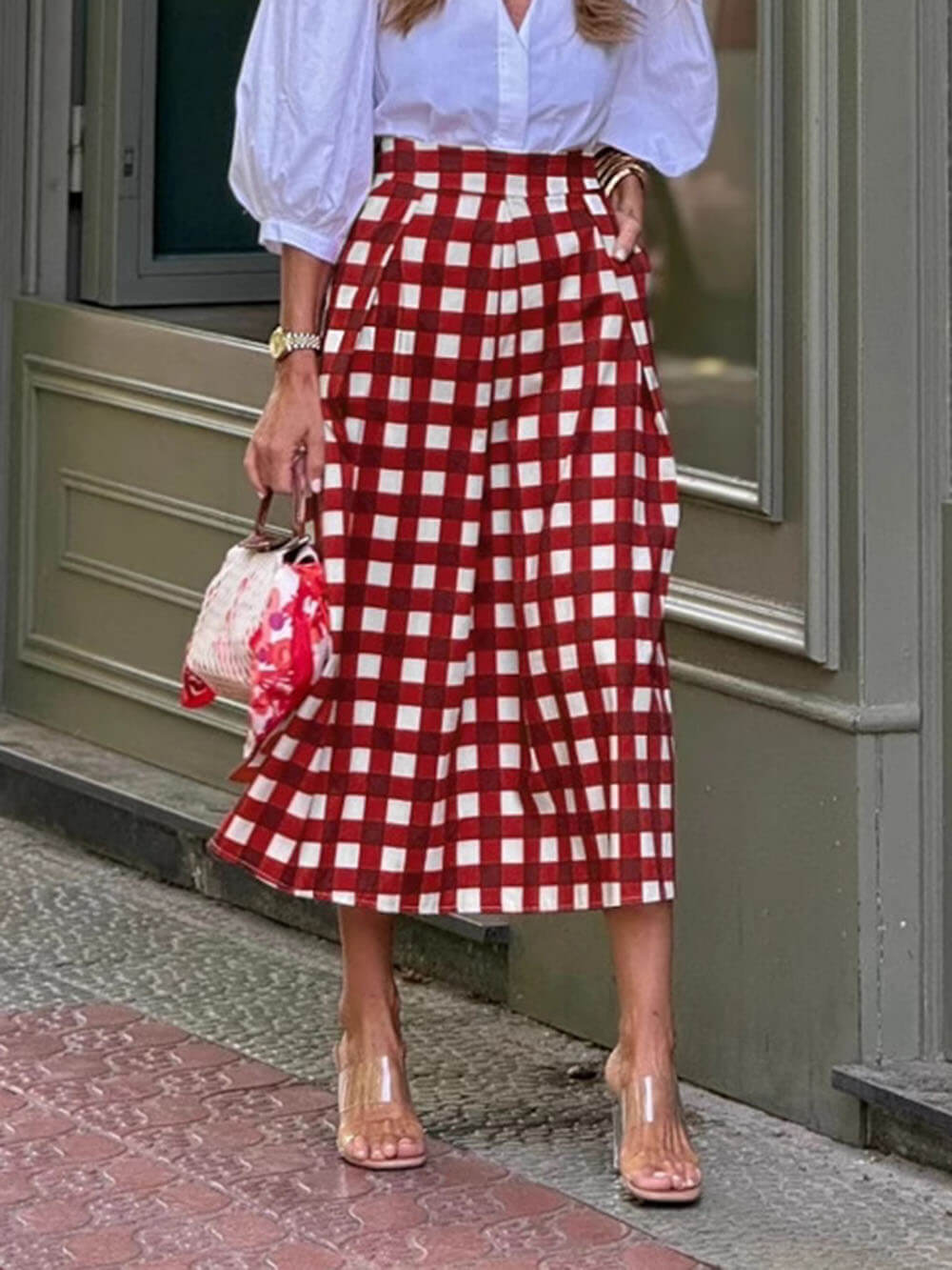 Casual Plaid Print Loose High Waist Maxi Skirt Red