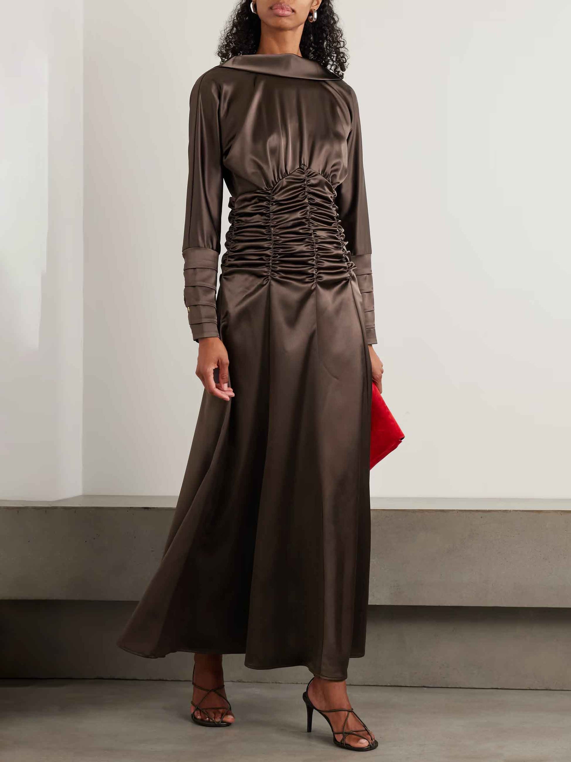 Elegant Backless Pleated Cinched-Waist Maxi Dress Brown