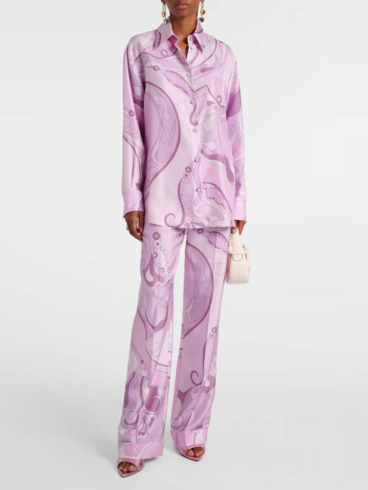 Exquisite Orchid Print Satin Twill Button-Down Oversized Shirt