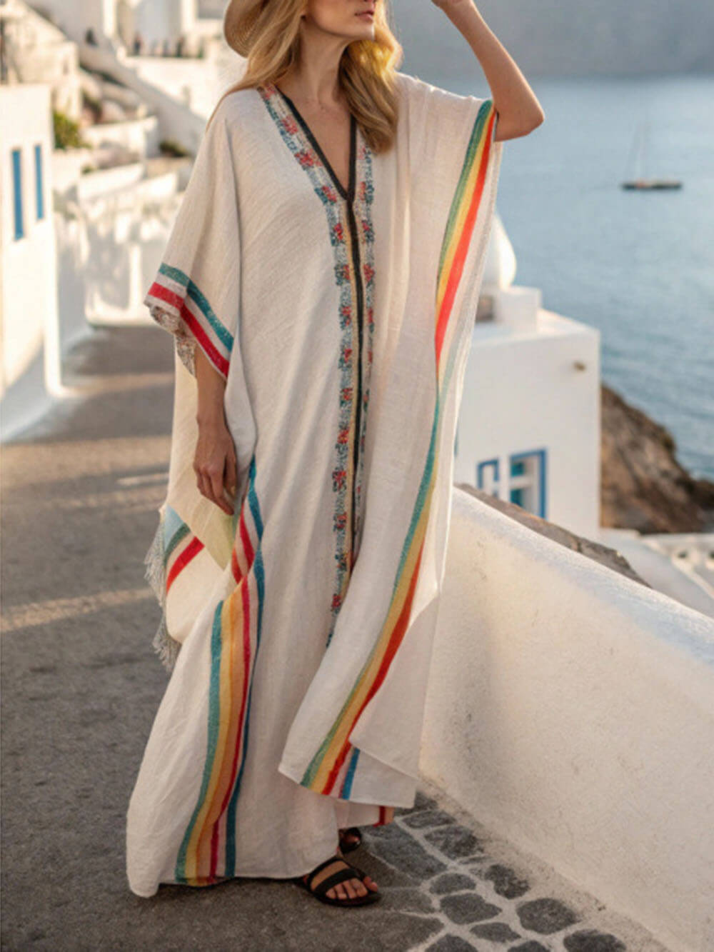 Bohemian Striped Print Off-Shoulder Half Sleeve Kimono Maxi Dress Apricot