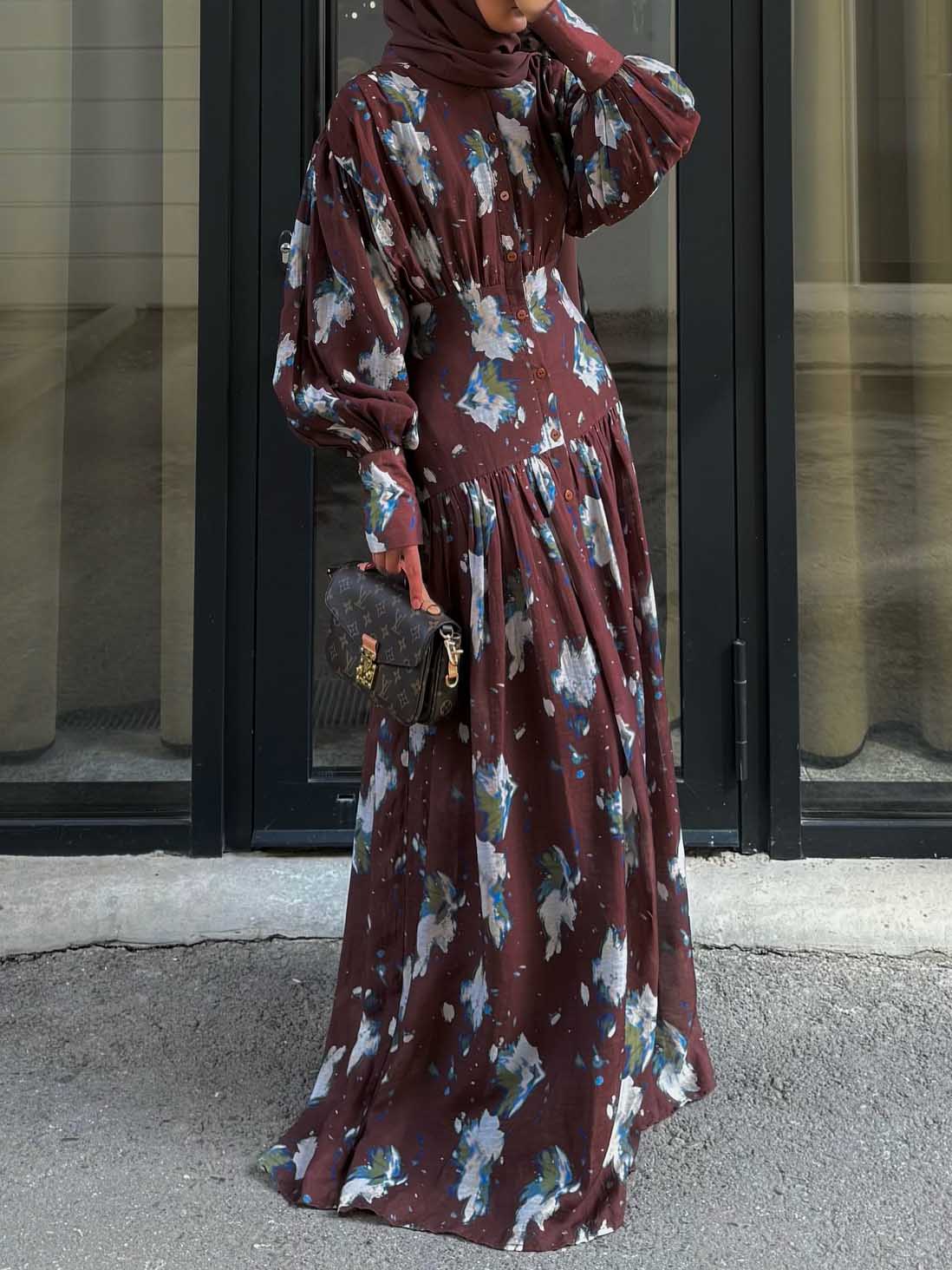 Retro Floral Print Pleated Balloon Sleeve Maxi Dress Brown