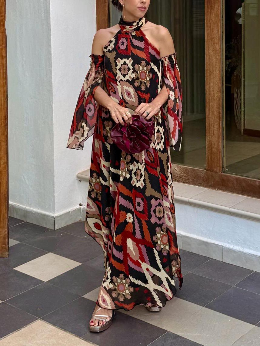 Retro Bohemian Geometric Print Convertible Sleeve Maxi Dress Multi