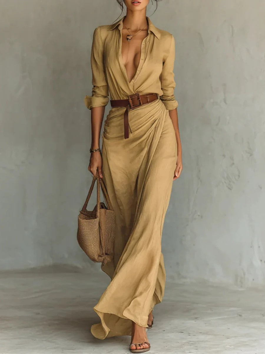 Elegant V-neck Pleated Waist Slit Maxi Dress Khaki