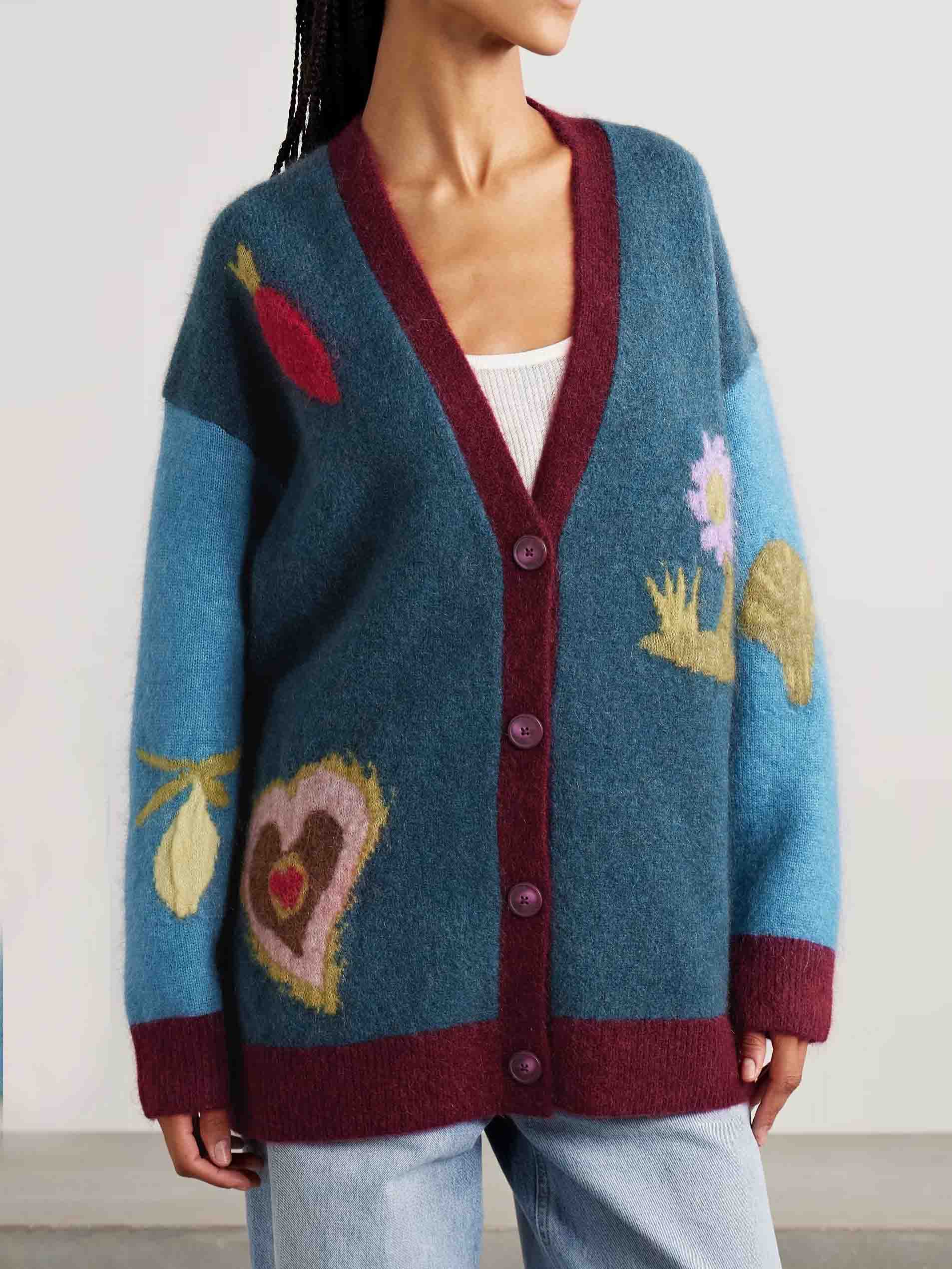 Casual Contrast Pattern Cardigan Jacket Blue