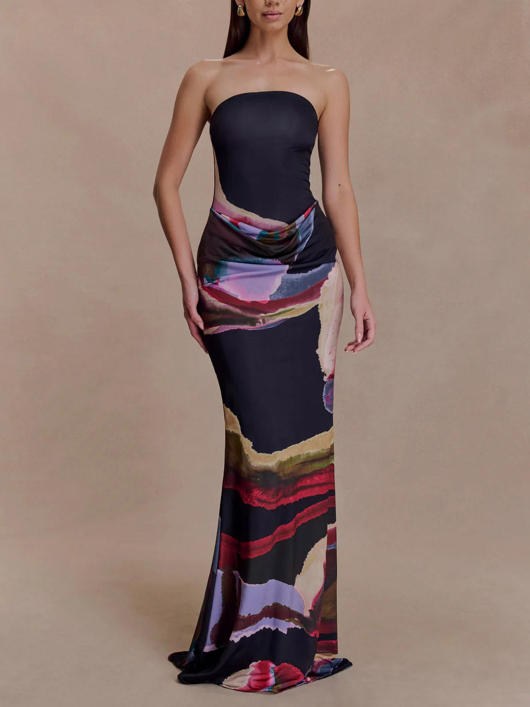 Exquisite Strapless Abstract Print Bodycon Maxi Dress Black