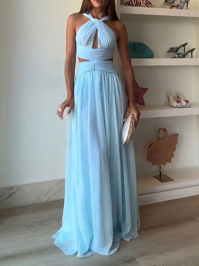 Elegant Halter Twist Front Cutout Pleated Maxi Dress Blue