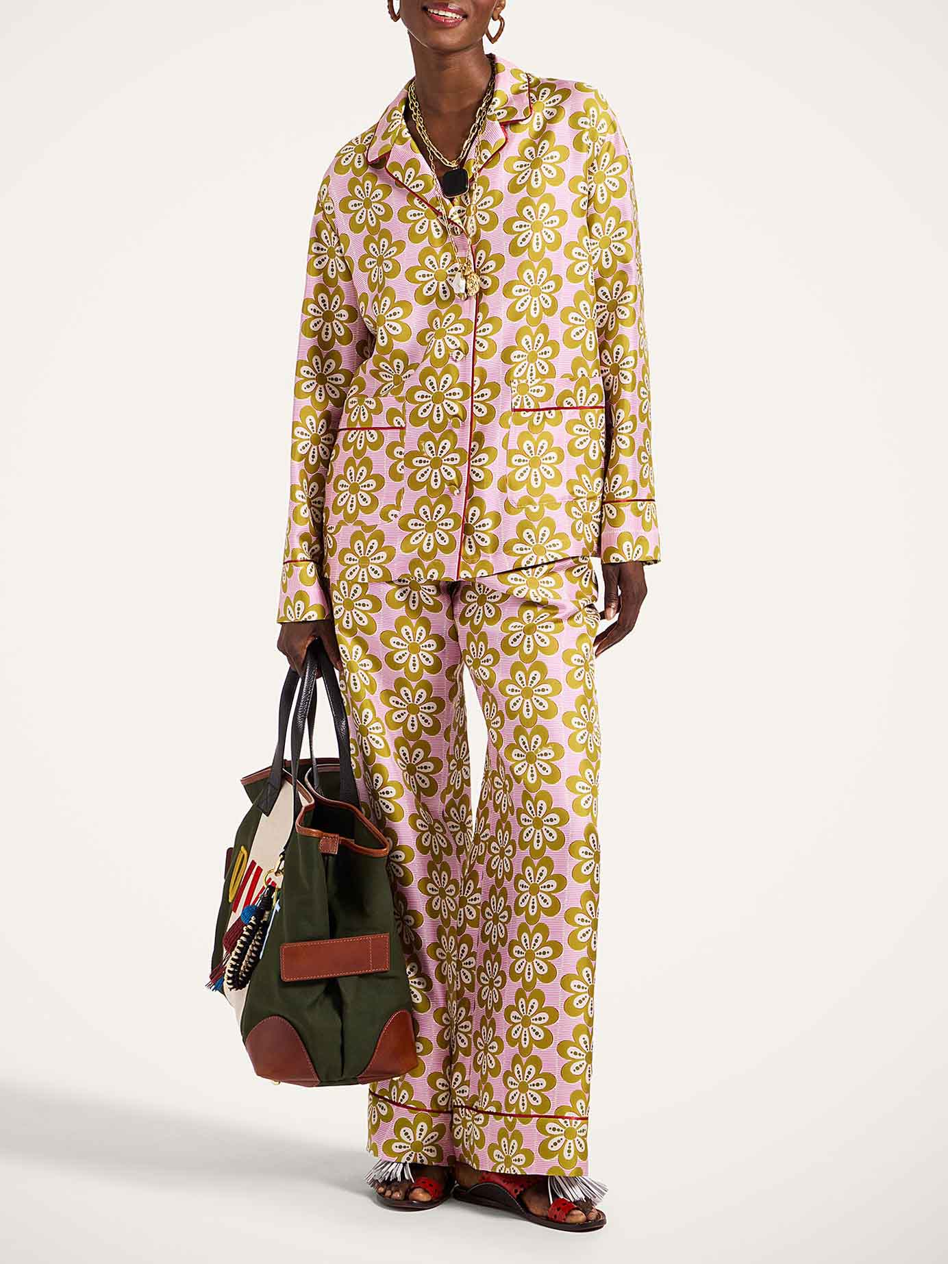 Exquisite Satin Floral Print Long-sleeved Pajama Set Multic