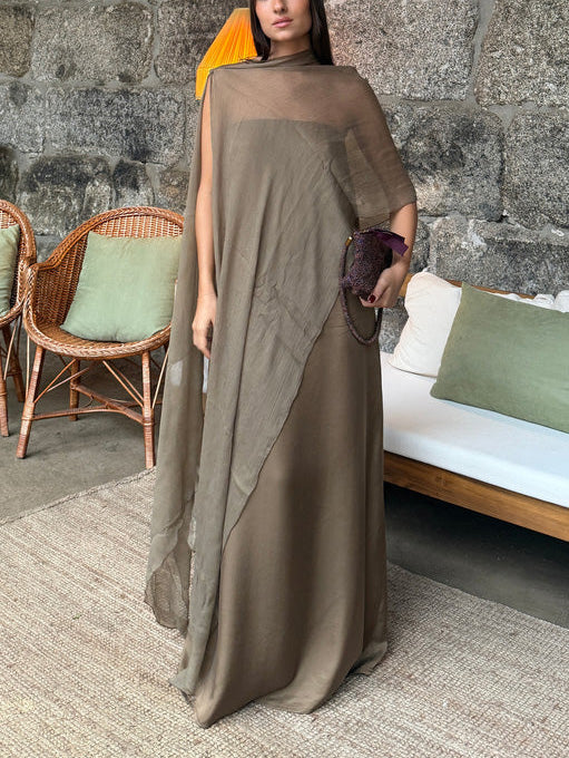 Elegant Irregular Cape Flowing Maxi Dress Brown