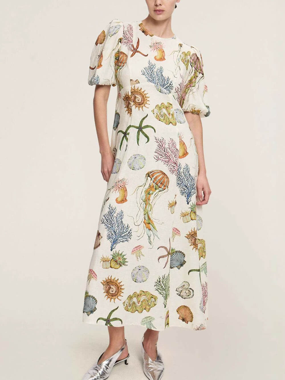 Unique And Personalized Graffiti Print Lantern Sleeve Fashionable Linen Dress Multicolors