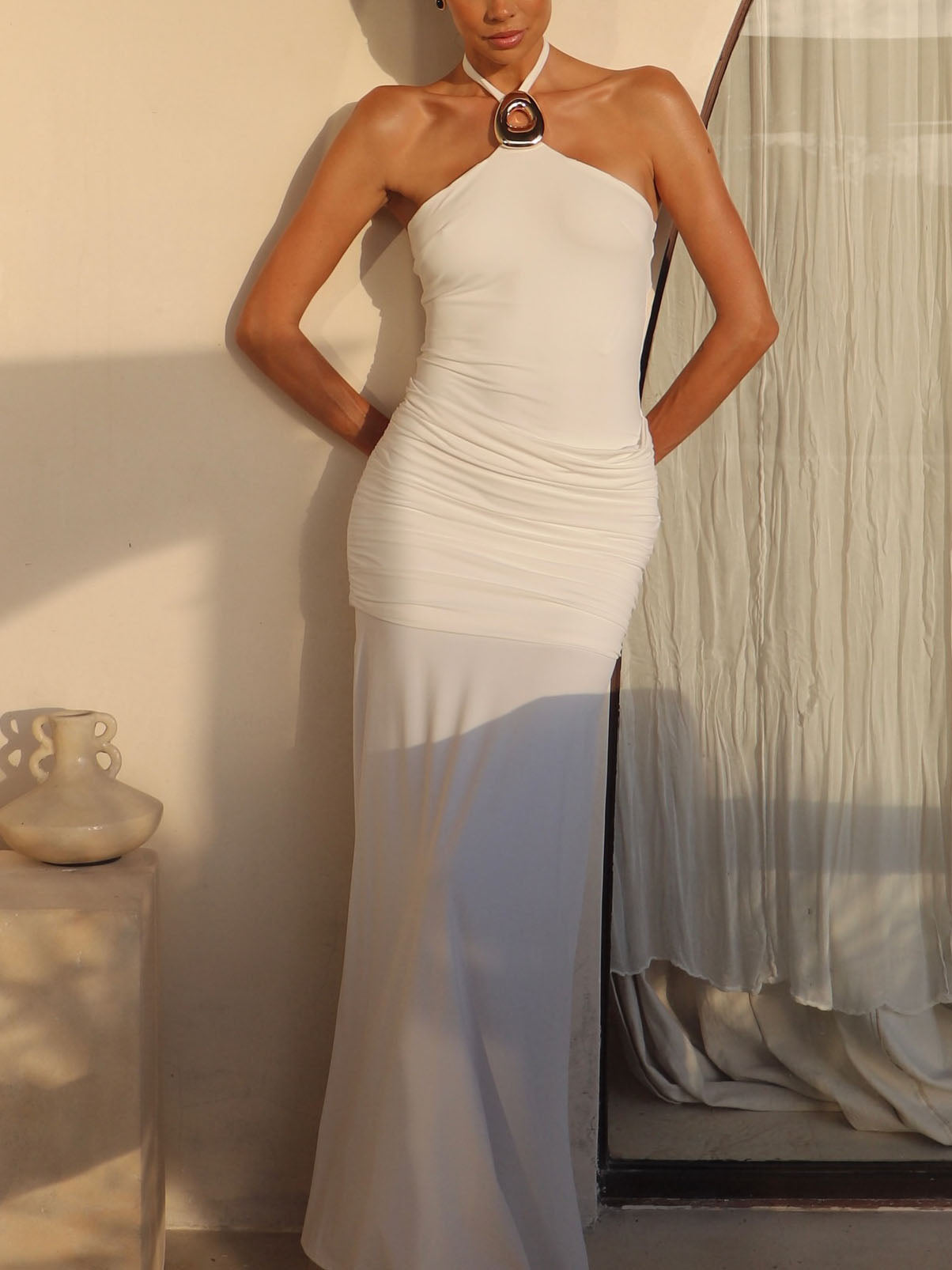 Sexy Open-back Pleated Metal Hardware Maxi Dress White