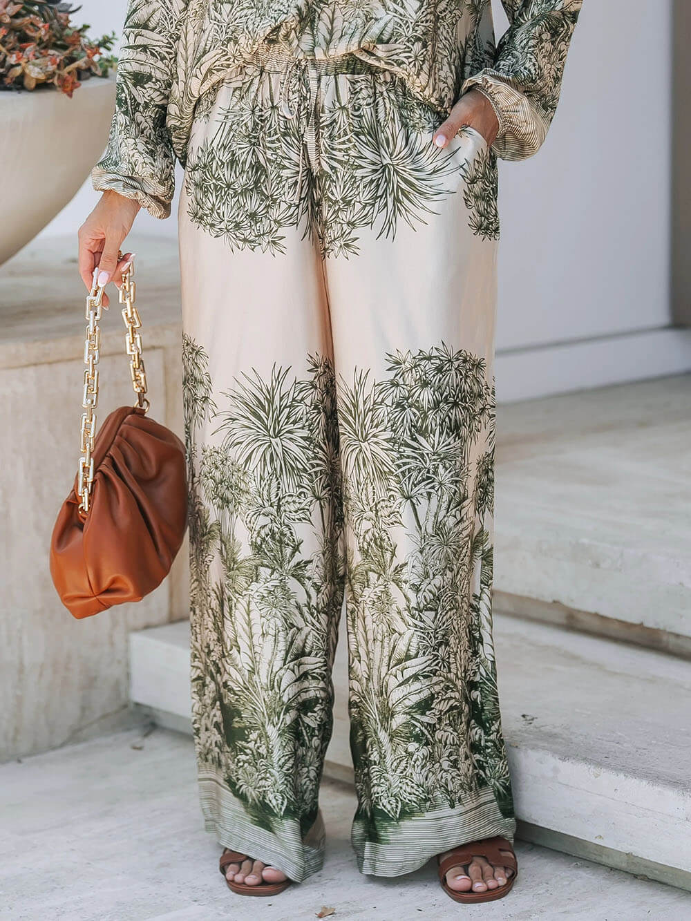 Casual Palm Leaf Print Elastic Waist Wide-Leg Pants Multicolor