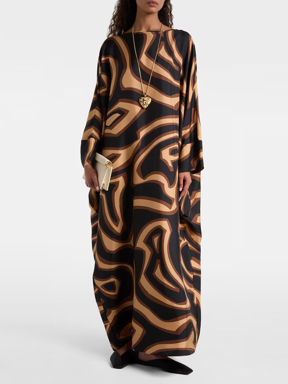 Retro Geometric Abstract Swirling Print Satin Robe Dress Brown