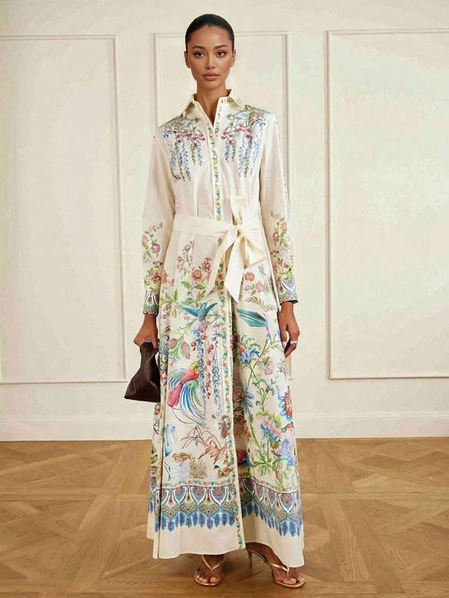 Exquisite Printed Long-Sleeve Shirt Maxi Dress White