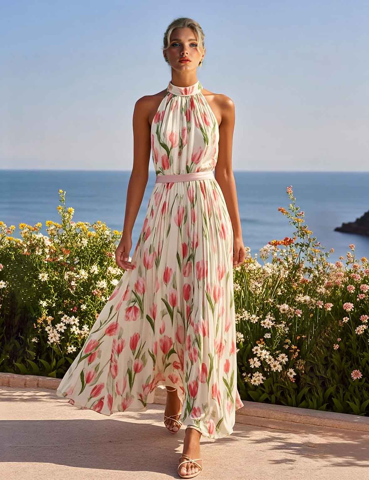 Elegant Tulip Chiffon Print Backless Maxi Dress Pink
