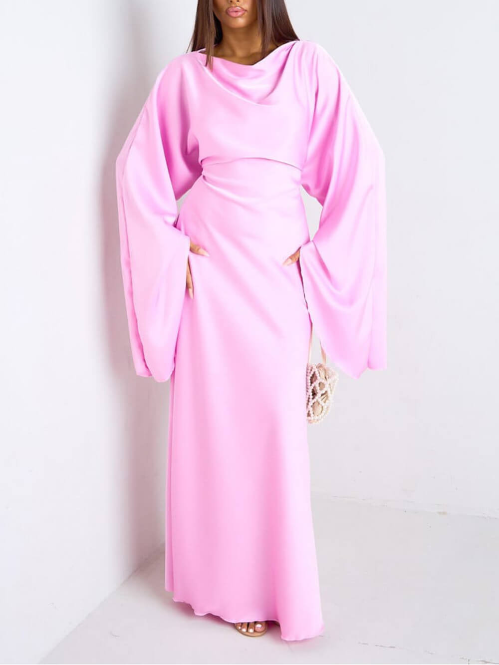 Elegant Ruched Satin Lantern-Sleeve Maxi Dress Pink