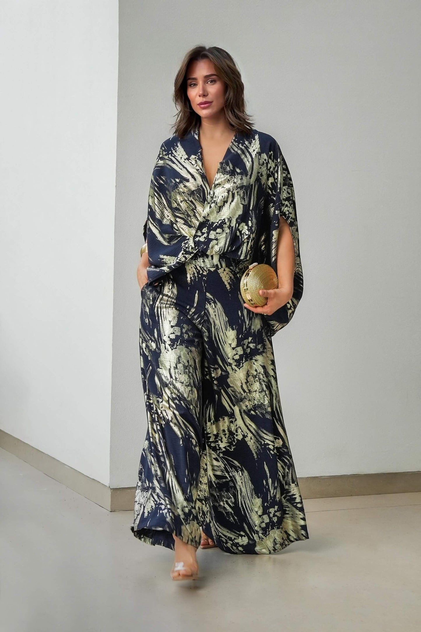 Retro Fashion Ethnic Print Drop-Shoulder Top Elastic Waist Wide-Leg Pants Set Multicolor Set