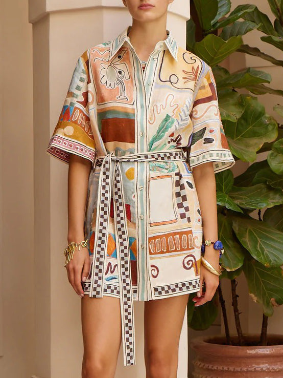 Unique Abstract Art Print Belted Shirt Dress Multi