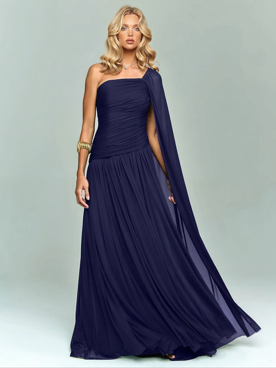 Elegant One-Shoulder Ruched Chiffon Maxi Dress Blue