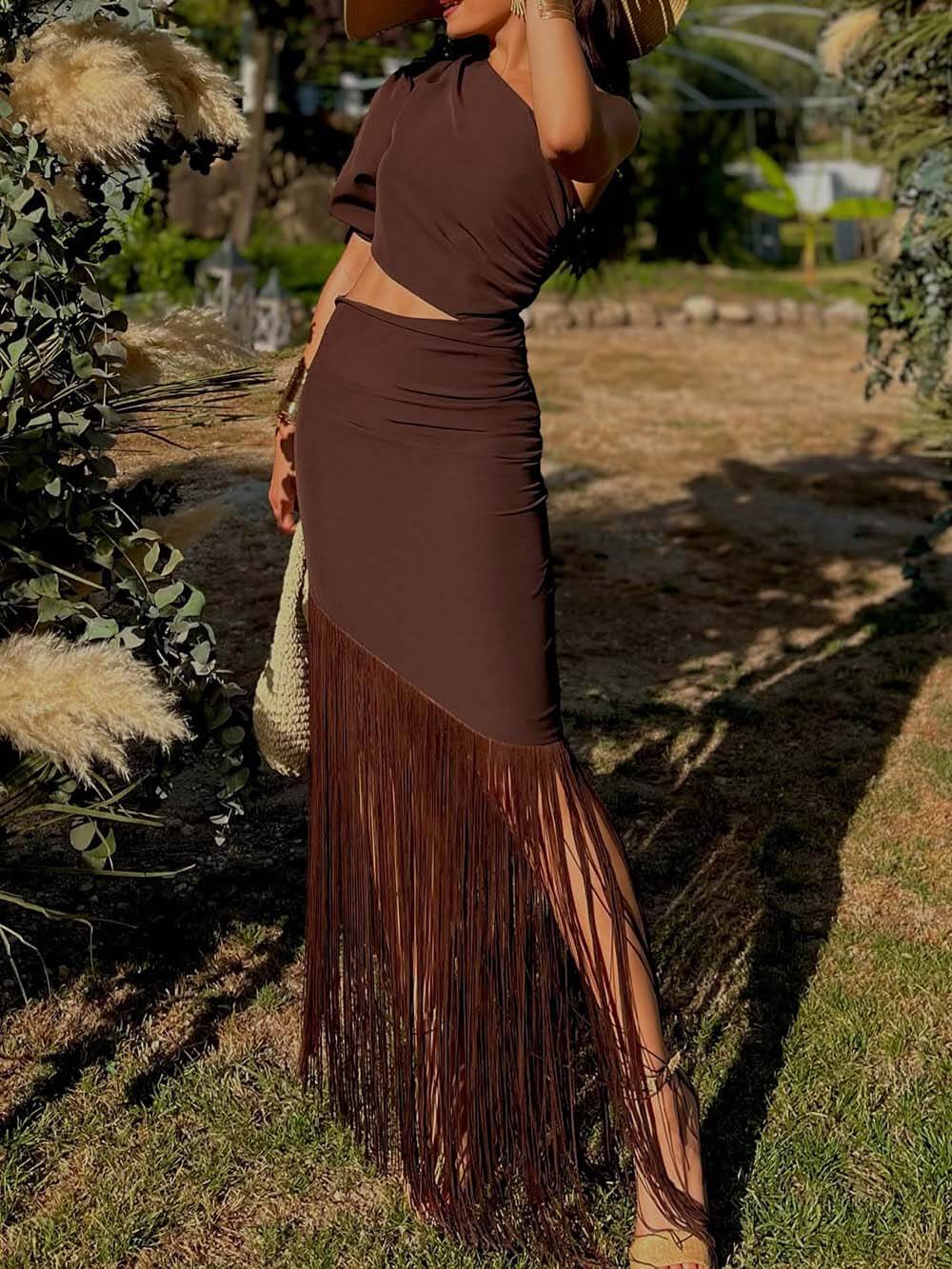 Fashion One-Shoulder Fringe Panel Cutout Slim Maxi Dress Brown