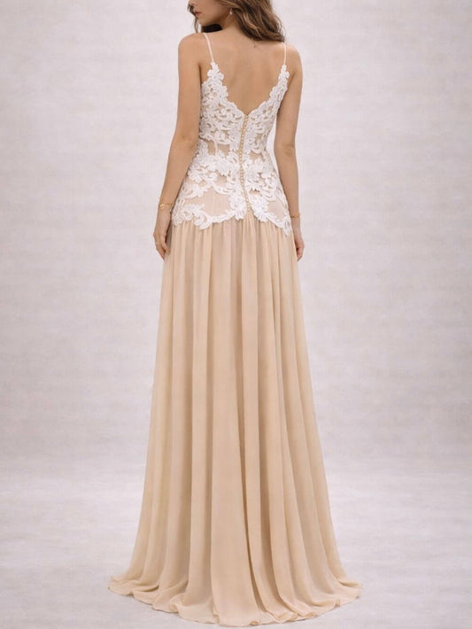 Exquisite Lace-Trim Backless Adjustable Strap Maxi Dress