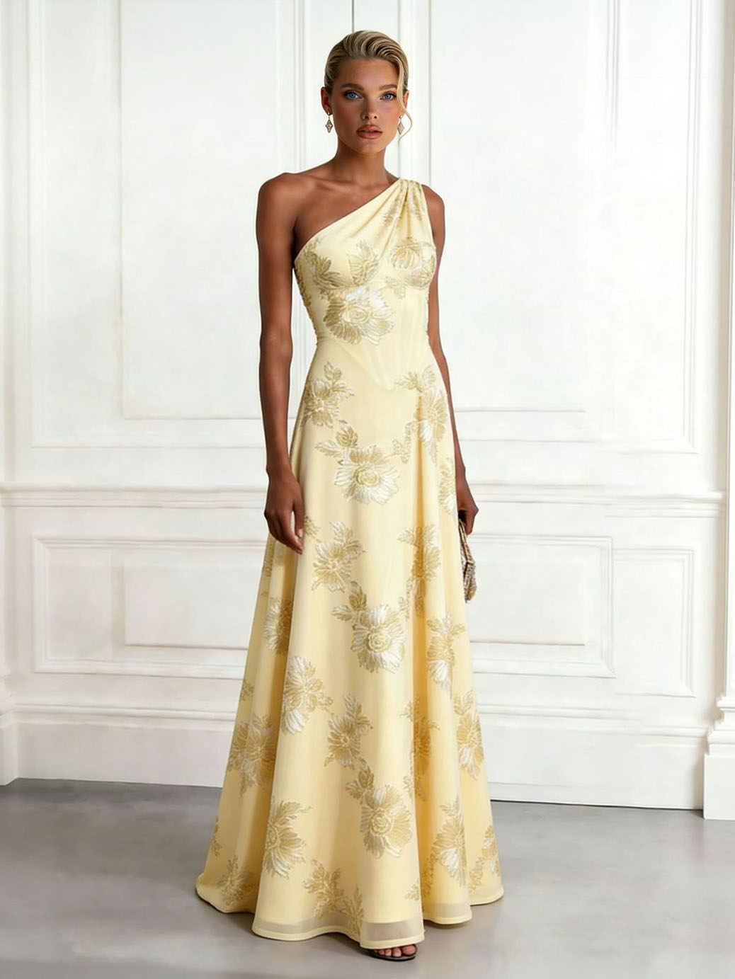 Elegant One-Shoulder Floral Embroidered Maxi Dress Yellow