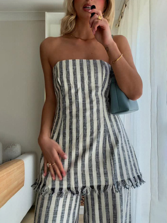 Casual Wrap-around Collar Vertical Stripes Small Tassel Tank Top Black