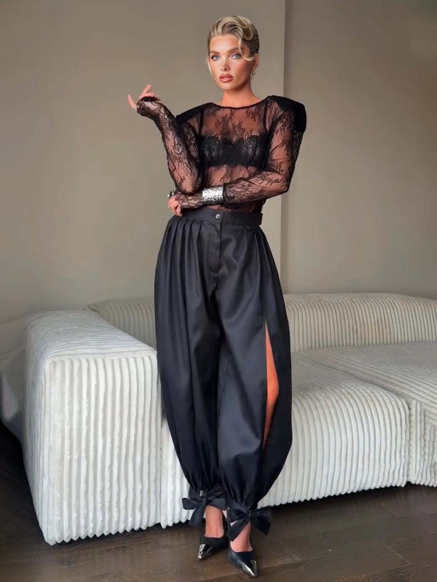 Sexy Lace Top & High-Waisted Drawstring Lantern Pants Set Black
