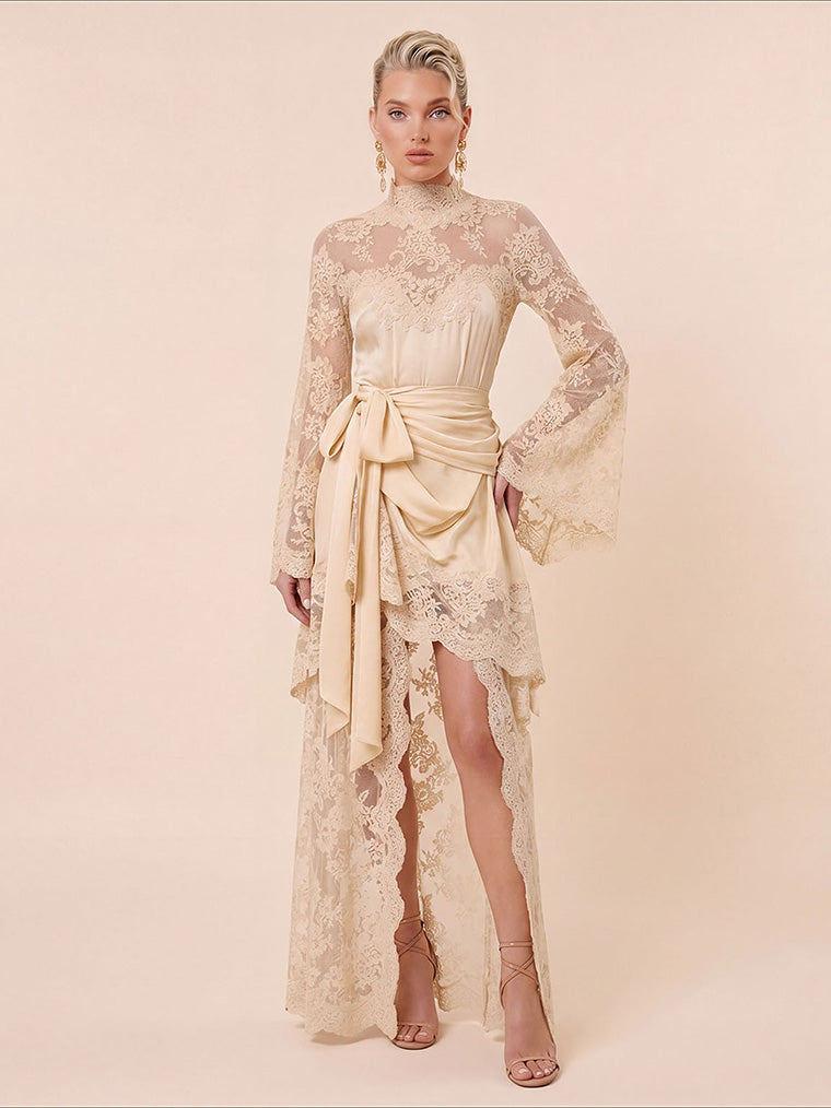 Elegant Lace High Neck Irregular Hem Maxi Dress Cream