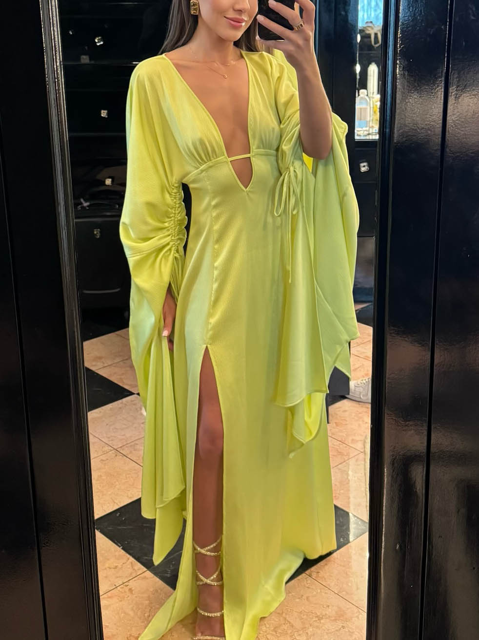 Elegant V-neck Drawstring Satin Maxi Dress Green