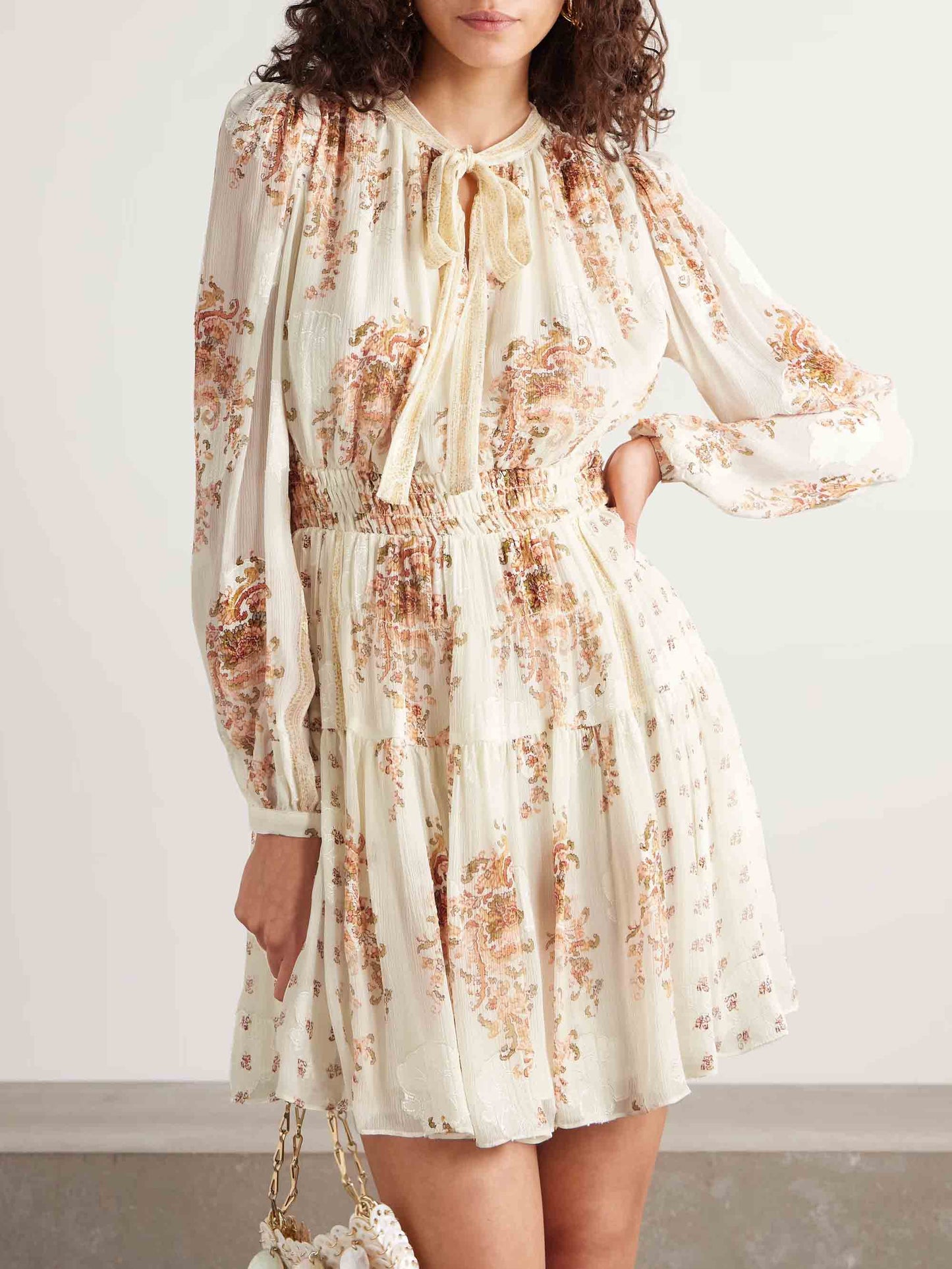 Elegant Tie Neck Bohemian Floral Print Mini Dress Cream