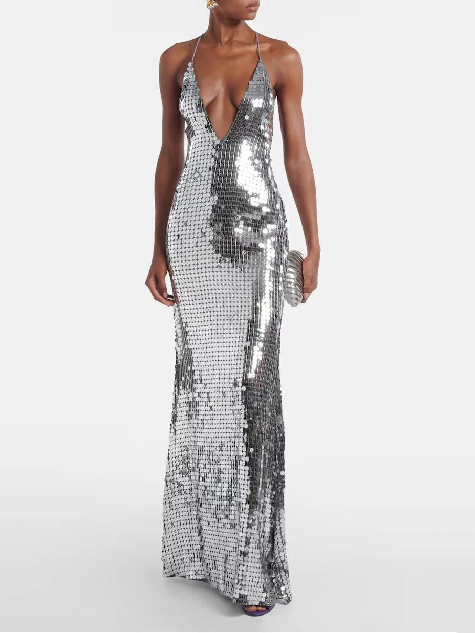 Elegant Sequined V-neck Open-back Maxi Dress Silver
