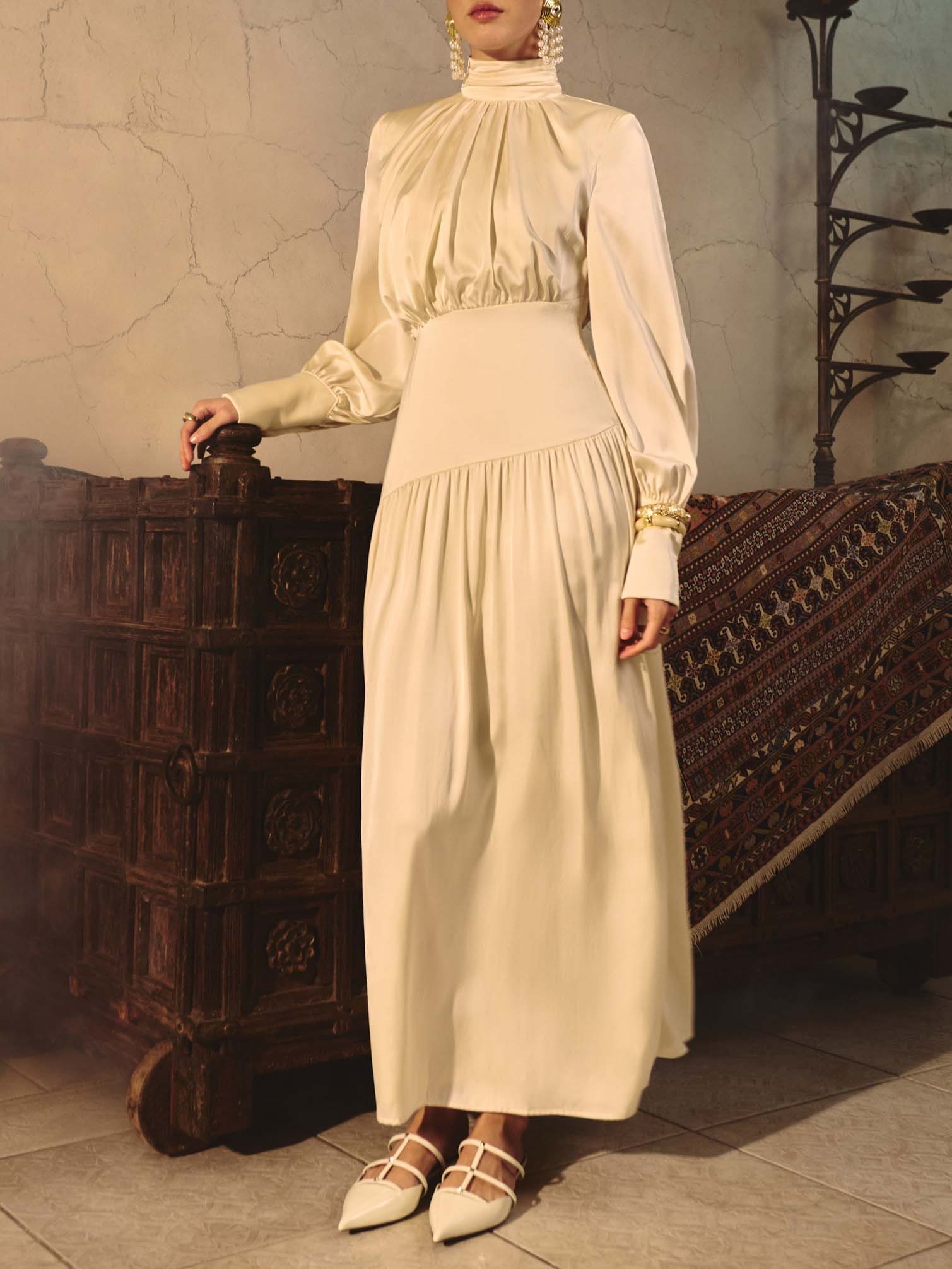 Elegant Satin Puff-sleeve Pleated Maxi Dress Cream