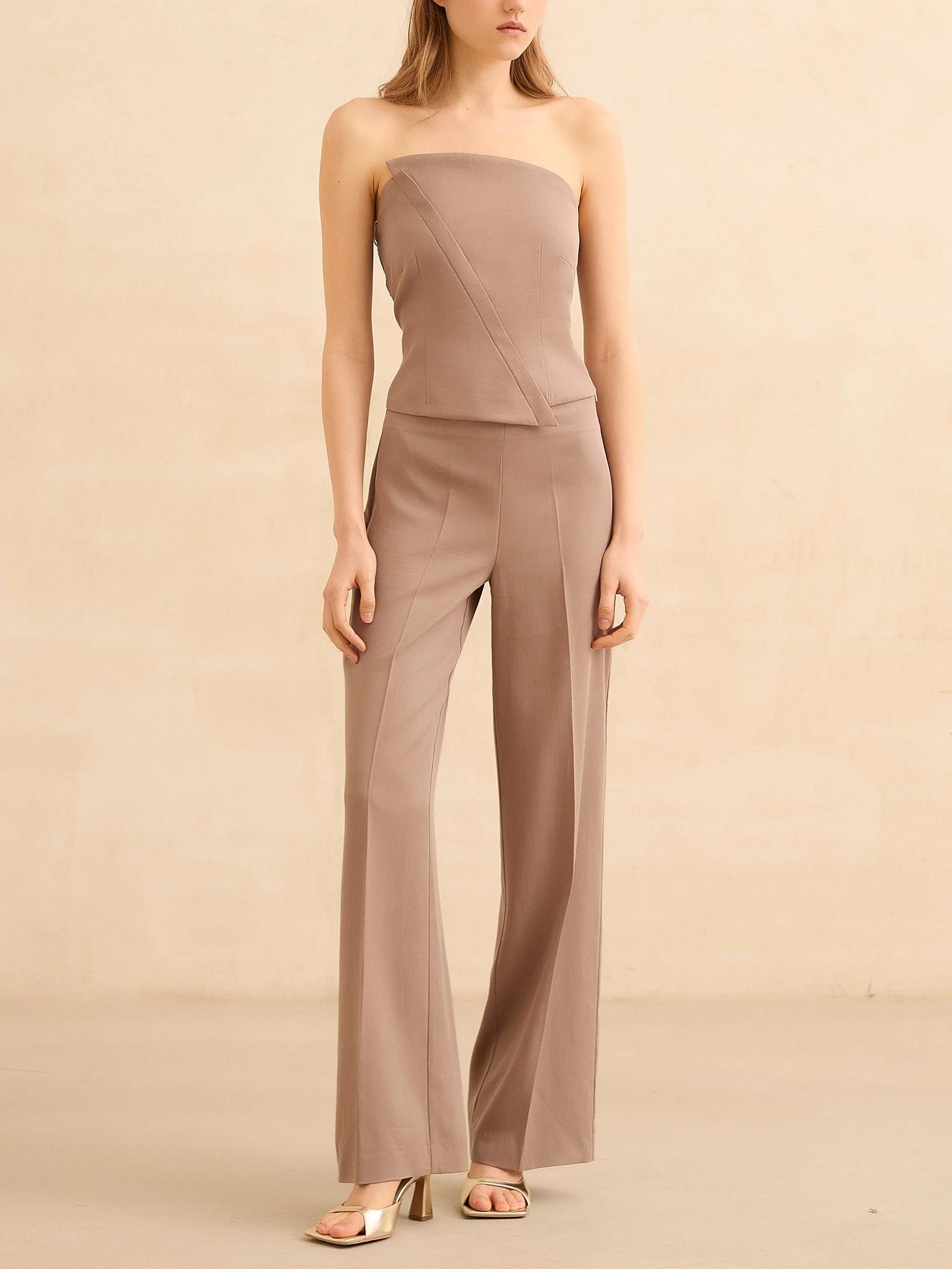 Elegant Strapless Top And Wide-Leg Pants Two-Piece Set Camel