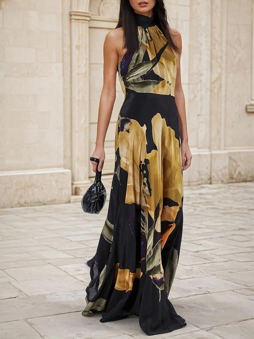 Unique Yellow Floral Print Straight Maxi Dress Yellow