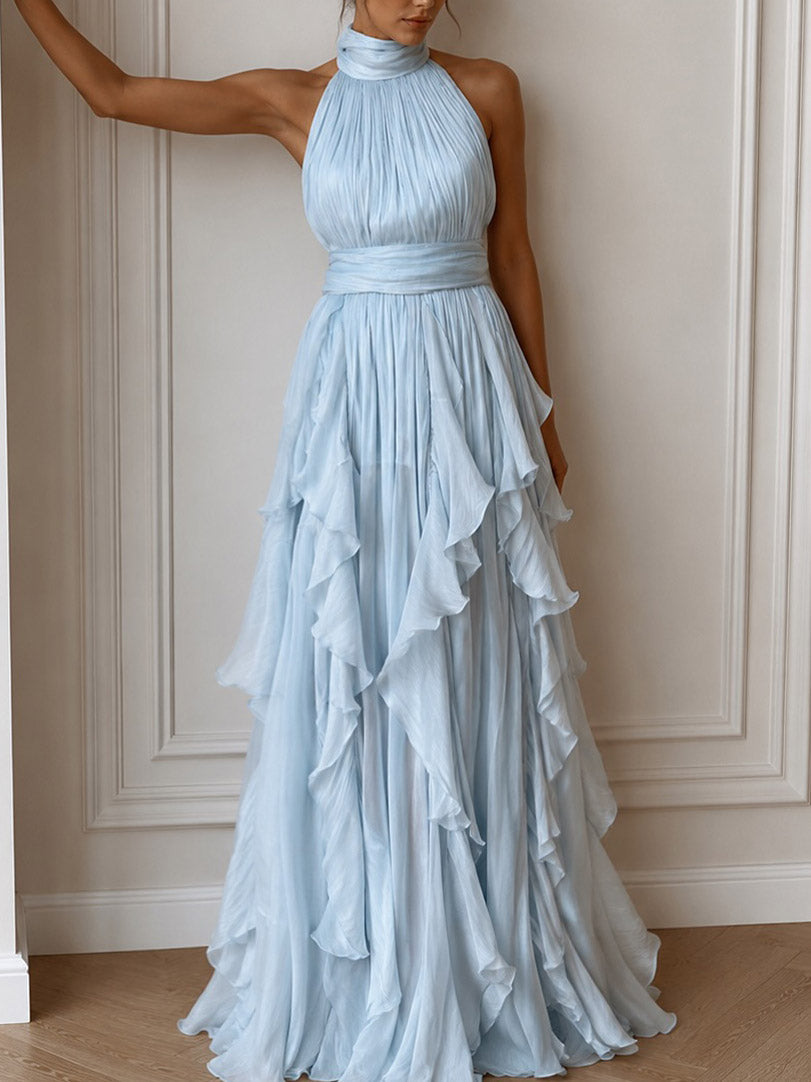Elegant Backless Ruched Tiered Ruffle Maxi Dress Blue