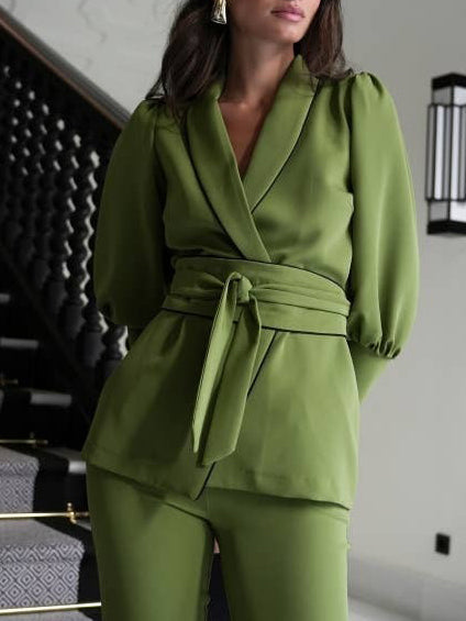 Exquisite Wrap-Around Belted Blazer Green