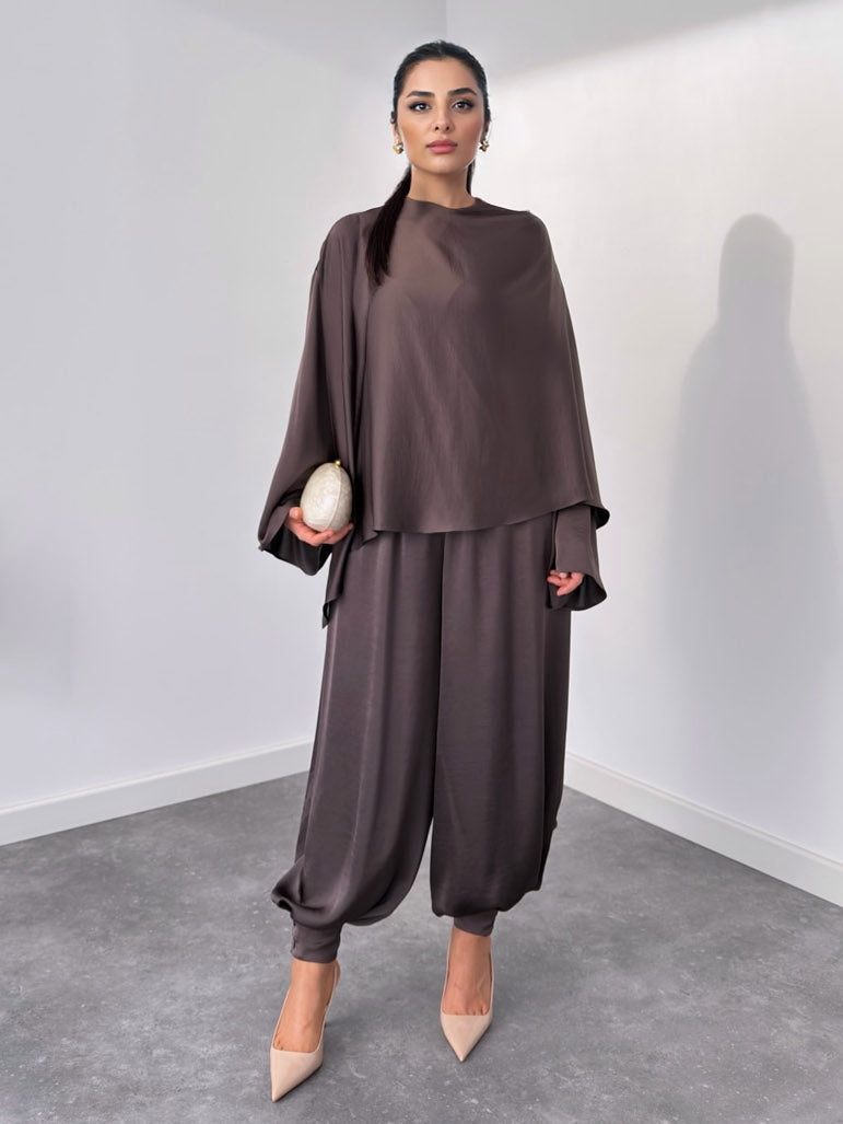 Elegant Satin Robe Paired With Harem Pants Set Brown