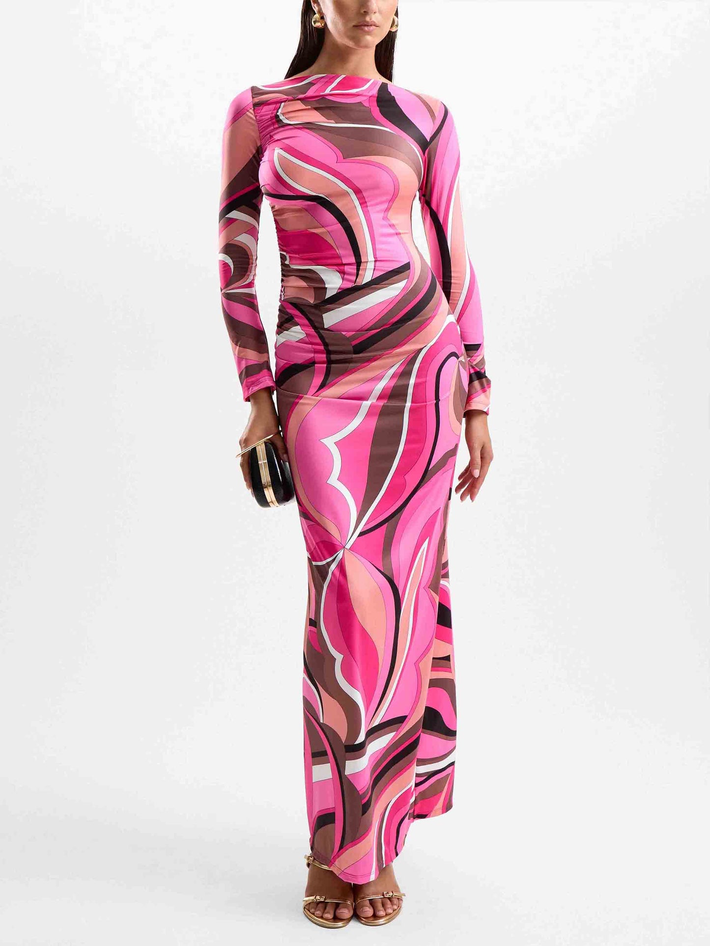 Exquisite Abstract Print Long-sleeved Knit Maxi Dress Rose Red