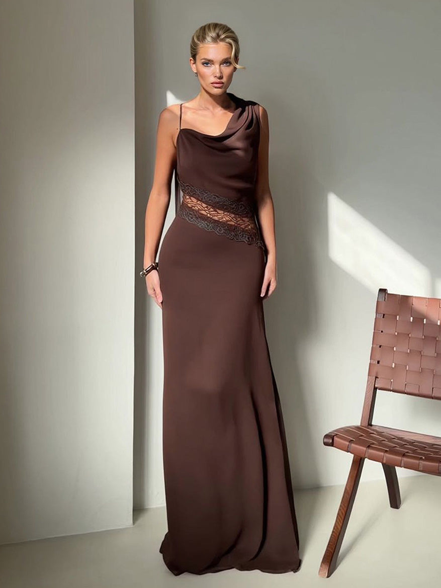Elegant Lace Panel Draped Neck Sleeveless Maxi Dress Brown