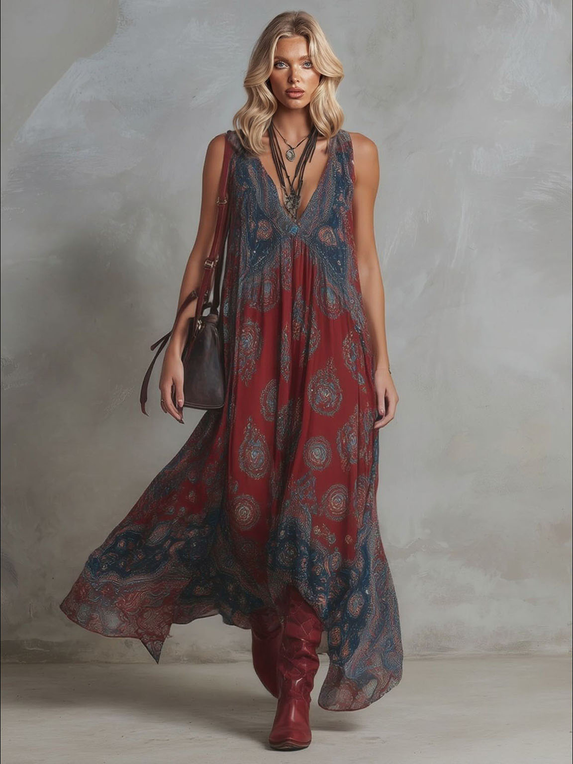 Bohemian Deep V-Neck Paisley Print Flowing Maxi Dress Red