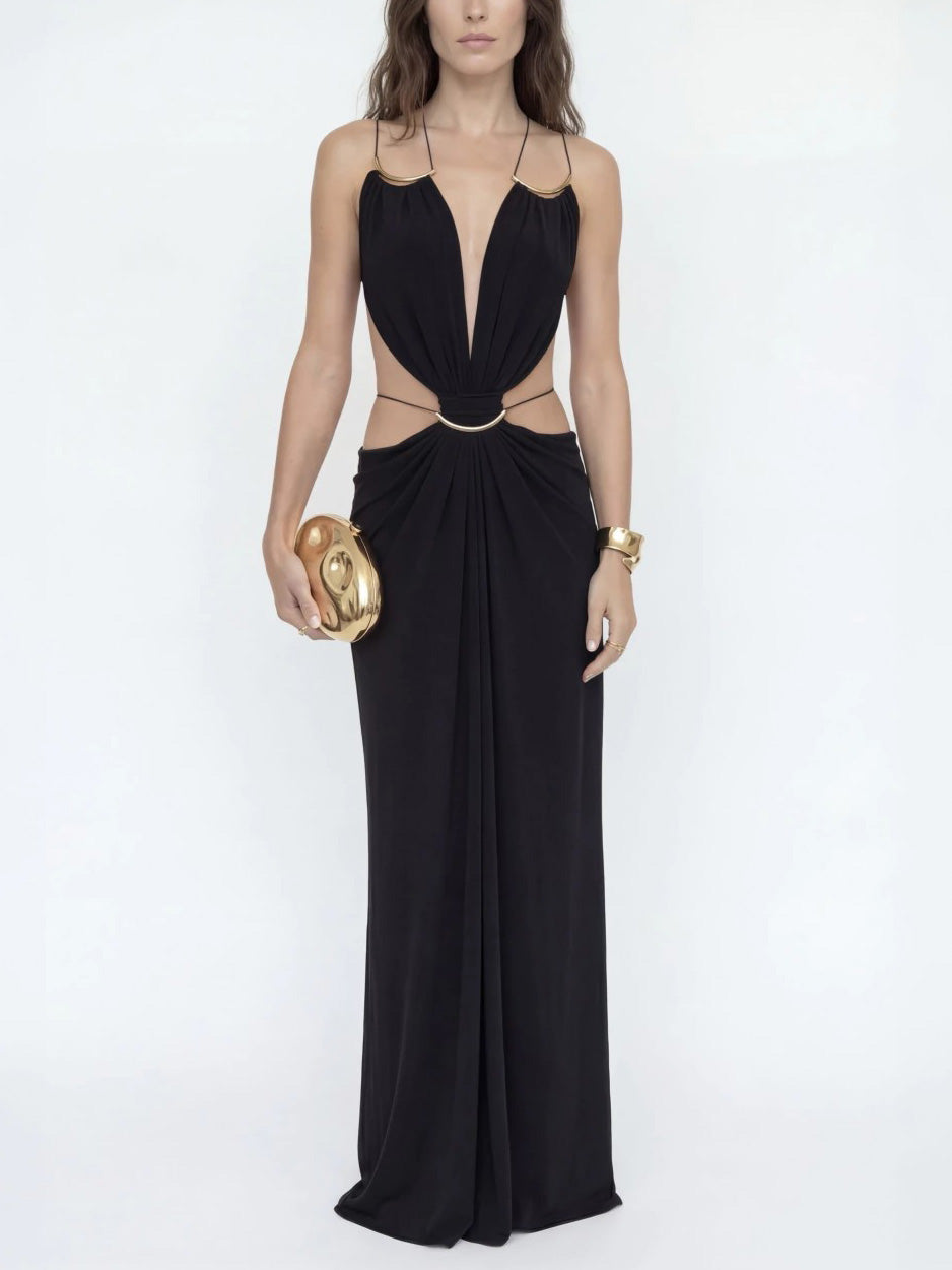 Sexy Metal Chain Cut-Out Backless Lace-Up Draped Maxi Dress Black