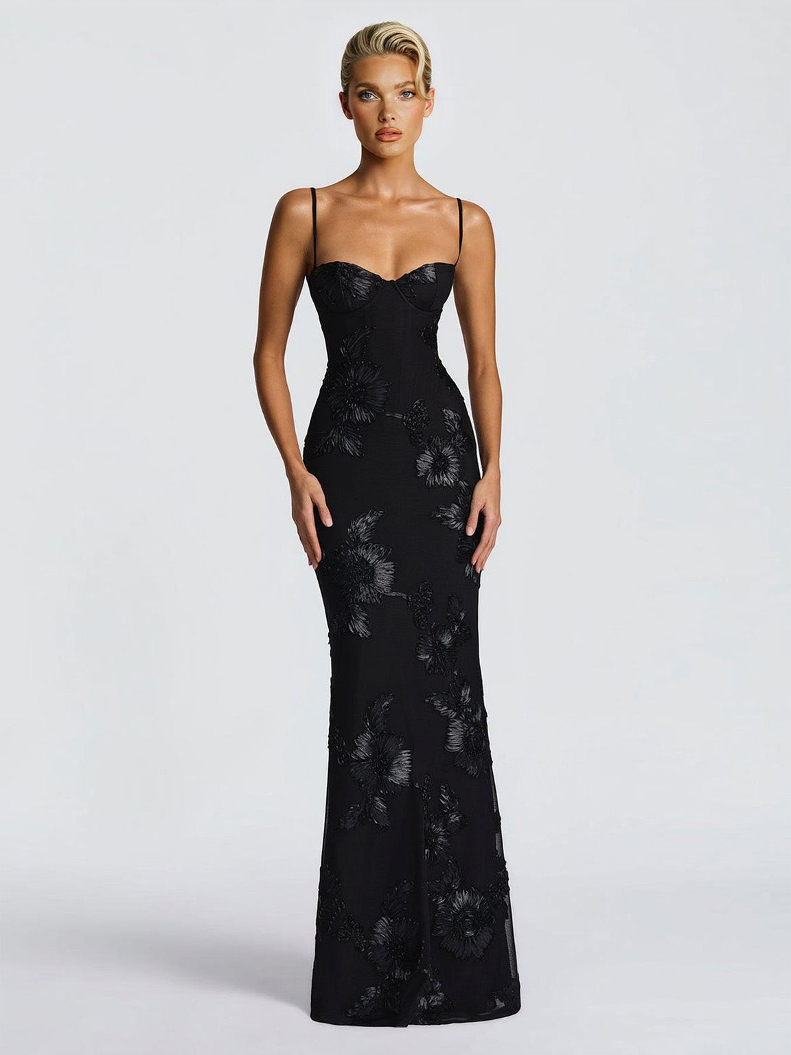 Elegant Floral Embroidered Spaghetti Strap Mermaid Maxi Dress Black