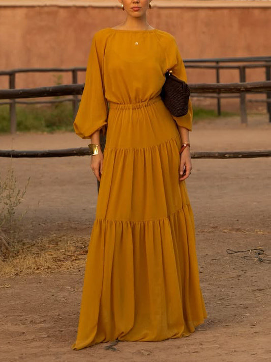 Elegant Round-Neck Long Lantern Sleeve Layered Chiffon Maxi Dress Turmeric