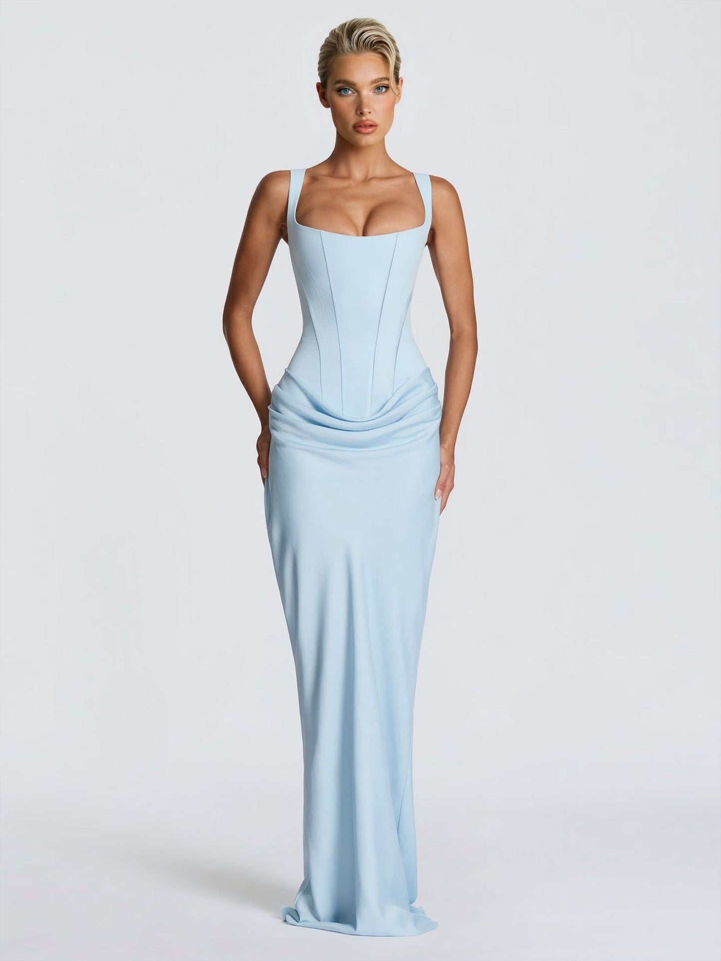 Elegant Square Neck Cinched Top & Ruched Waist Draped Maxi Dress Blue