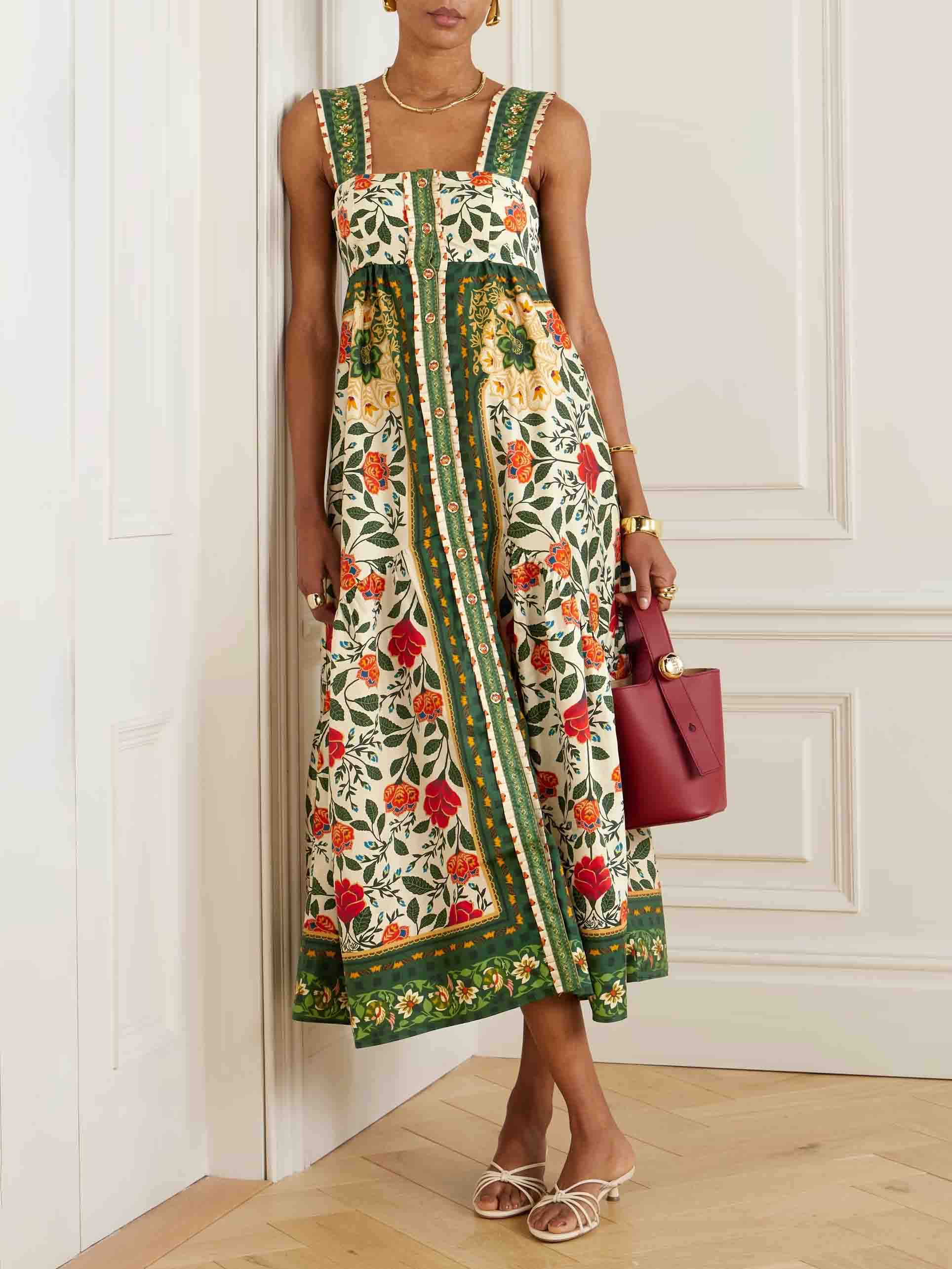 Summer Floral Print Square Neck Maxi Dress Green