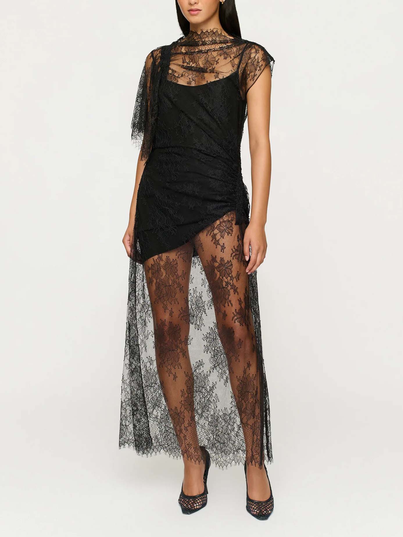 Elegant Lace Irregular Sleeve Maxi Dress Black
