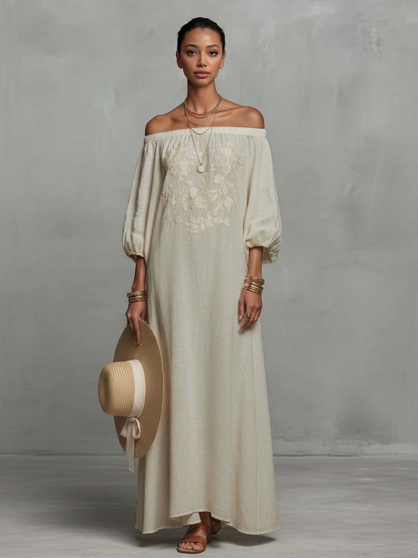 Bohemian Floral Embroidered Off-Shoulder Maxi Dress Beige