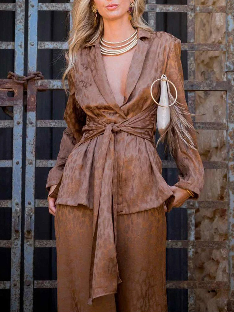Elegant Satin Jacquard Tie Shirt Brown