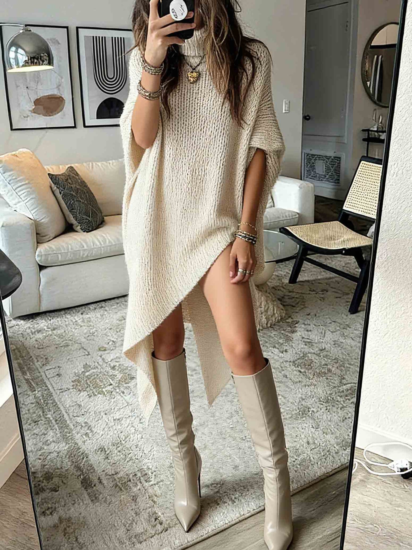 Asymmetrical Hem High-neck Knit Midi Dress